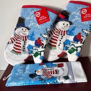 Festive Snowman Oven Mitt Set and a matching kitchen towel- Blue and Red